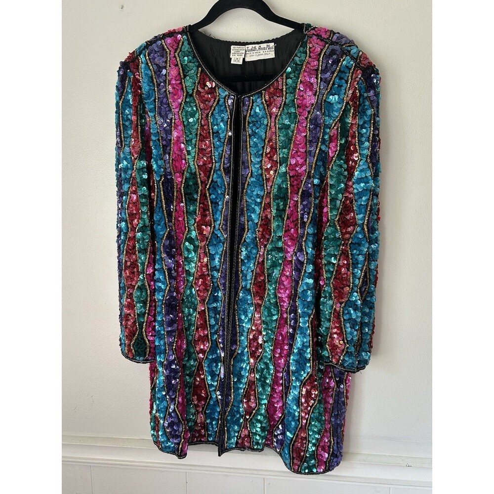 VTG Judith Ann Plus Sequin Jacket 1X Silk Hand Beaded Rainbow Duster 80s Glam